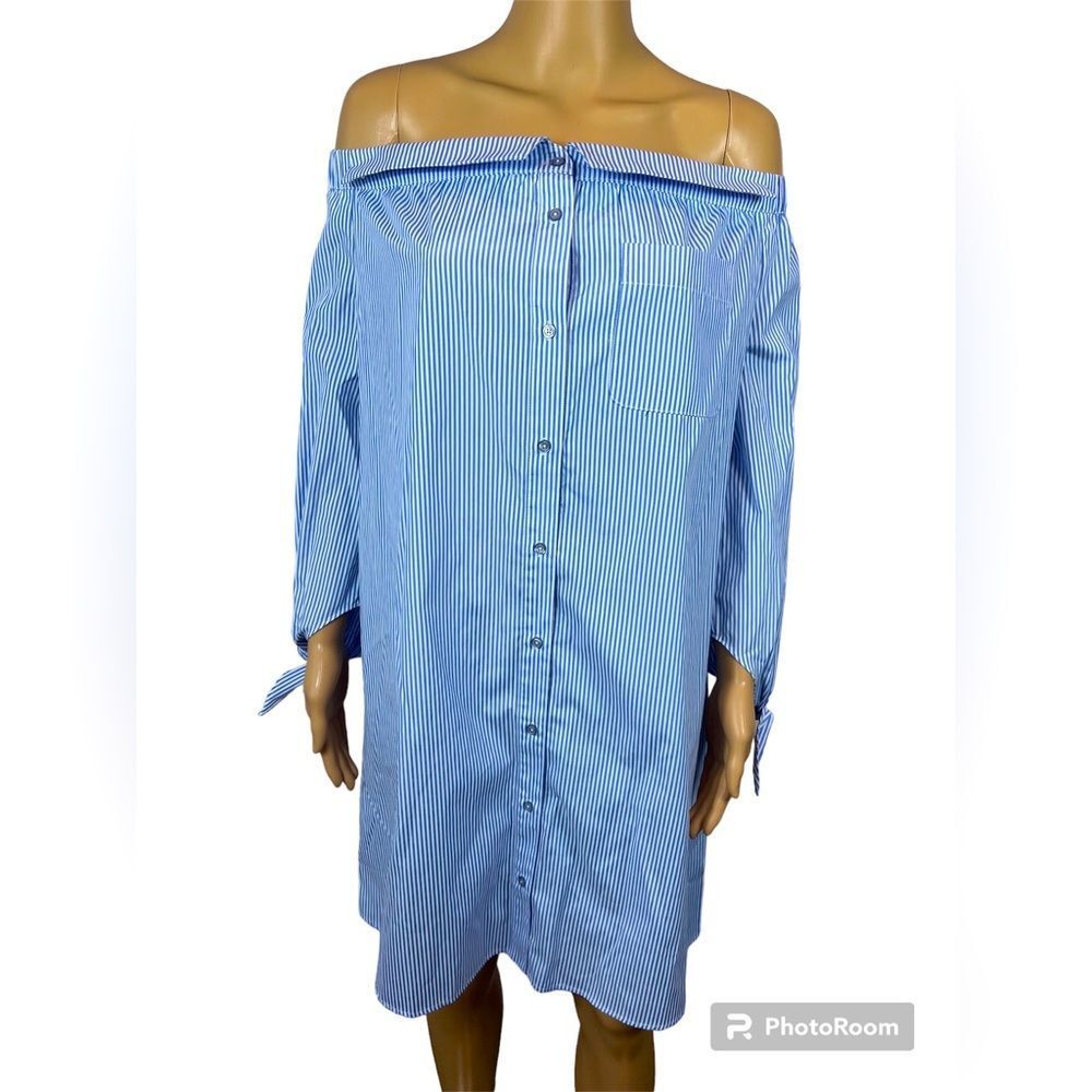 New York & Company Blue & White Striped Off-Shoulder Shirt Dress  Size Large
